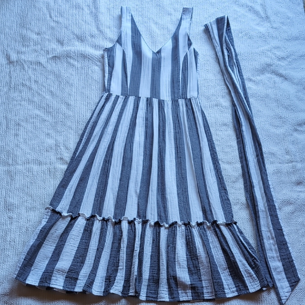 Hatley Gray and White Striped Midi Dress